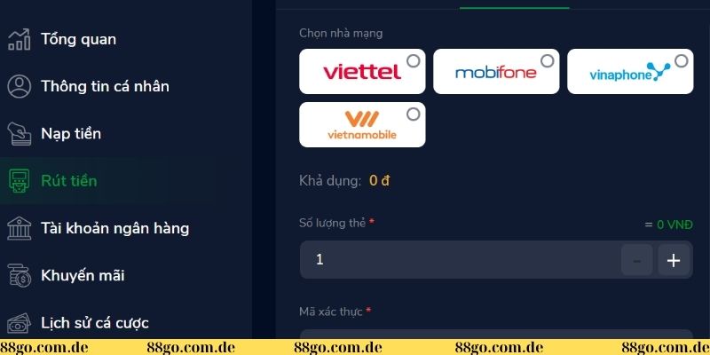 Rút tiền 88GO - Đơn giản hóa các bước để anh em chinh phục 2 Các bước rút tiền qua thẻ cào